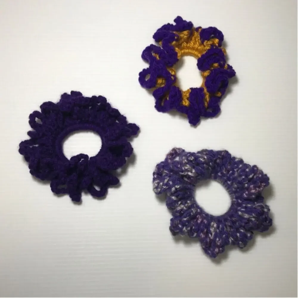 NWT Purple Gold Handmade Crocheted Hair Scrunchie Set of 3